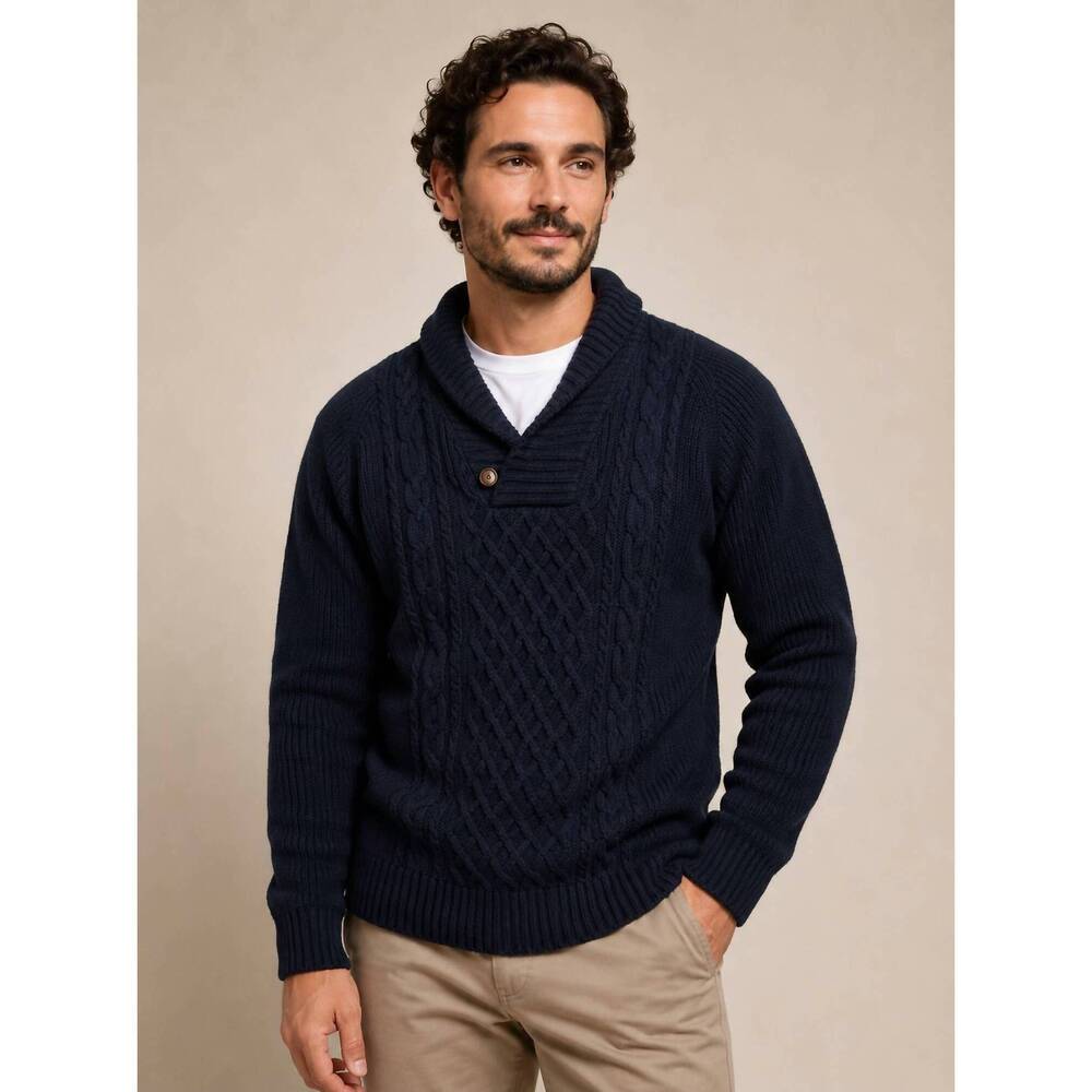 NEW SMF shawl collar pullover cable knit sweater in navy